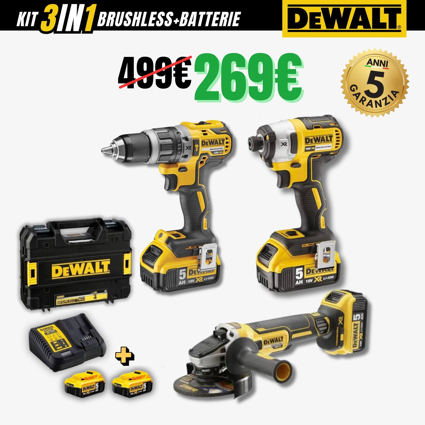 Kit 3in1 DeWalt: Trapano+Avvitatore+Flex